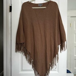 Brown Fringe Poncho Sweater - Soft Knit
